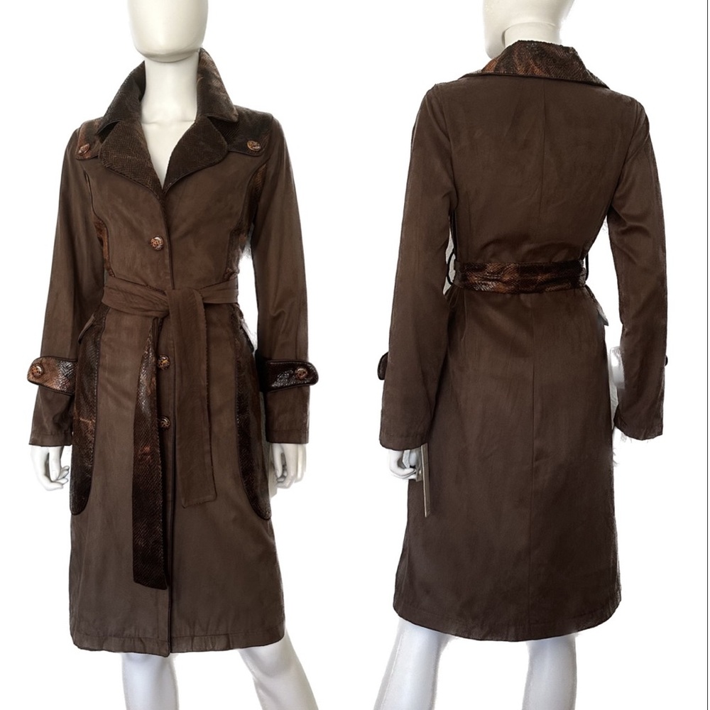 SALE🔥🔥NWT WOMEN TRENCH COAT LINED BELTED COAT ANIMAL PRINT VELOUR JACKET BROWN